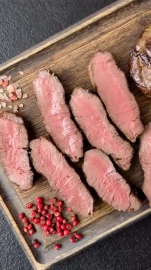 Tuz ve biberli ızgara biftek eti. Biftek ızgarada ızgara. Tasarımın için arka plan olarak.