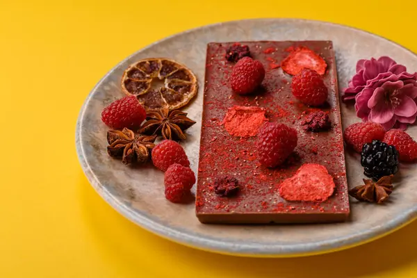 Evde kurutulmuş meyveli çikolatalı bir çikolata. Tasarımınız için arka plan olarak çikolatayı kullanın