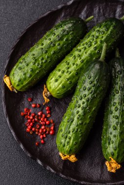 Taze çiğ salatalık, salata ve vejetaryen yemekleri hazırlamak için bir malzeme. Tasarımınız için arkaplan olarak yeşil taze salatalık.