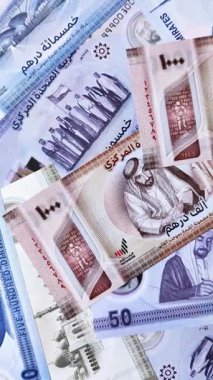 BAE parası, dirhem, kağıt banknot, nakit. İş yapmak, seyahat etmek için Emirlikler
