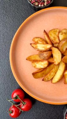 Biberiye, peynir, tuz ve baharatlı ızgara patates dilimleri. Koyu beton zeminde fırında patates dilimleri.