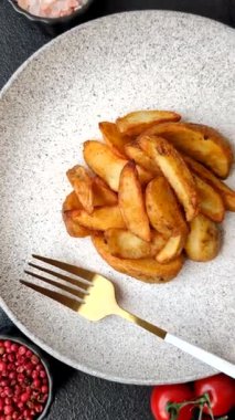 Biberiye, peynir, tuz ve baharatlı ızgara patates dilimleri. Koyu beton zeminde fırında patates dilimleri.