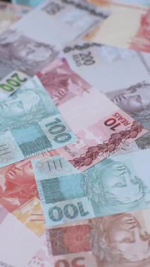 Brezilya 'nın nakit kağıt parası, yatırım, tasarruf ve kârlı yatırımların kavramsal bir geçmişi olarak farklı mezheplerin notları. Tasarımınız için Brezilya nakit gerçekleriName