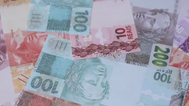 Brezilya 'nın nakit kağıt parası, yatırım, tasarruf ve kârlı yatırımların kavramsal bir geçmişi olarak farklı mezheplerin notları. Tasarımınız için Brezilya nakit gerçekleriName