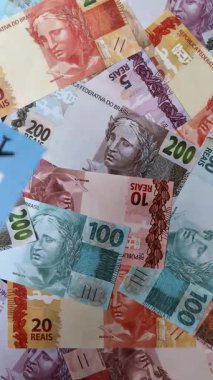 Brezilya 'nın nakit kağıt parası, yatırım, tasarruf ve kârlı yatırımların kavramsal bir geçmişi olarak farklı mezheplerin notları. Tasarımınız için Brezilya nakit gerçekleriName