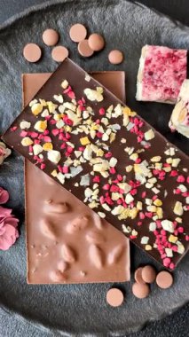 Evde kurutulmuş meyveli çikolatalı bir çikolata. Tasarımınız için arka plan olarak çikolatayı kullanın