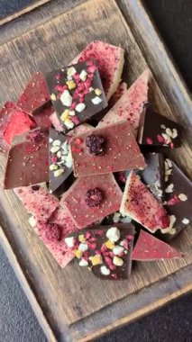 Evde kurutulmuş meyveli çikolatalı bir çikolata. Tasarımınız için arka plan olarak çikolatayı kullanın