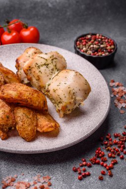 Baharatlı, sarımsaklı ve biberiyeli patates dilimleri. Tasarımınız için yemek arkaplanı olarak patates dilimleri
