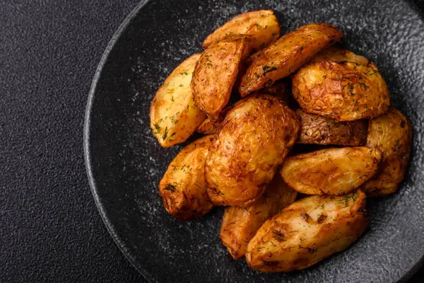 Baharatlı, sarımsaklı ve biberiyeli patates dilimleri. Tasarımınız için yemek arkaplanı olarak patates dilimleri