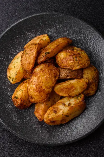 Baharatlı, sarımsaklı ve biberiyeli patates dilimleri. Tasarımınız için yemek arkaplanı olarak patates dilimleri