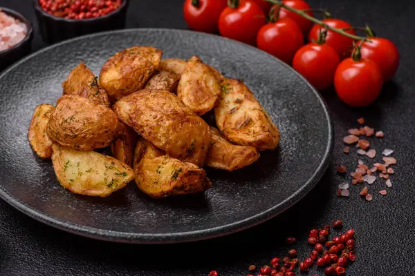 Baharatlı, sarımsaklı ve biberiyeli patates dilimleri. Tasarımınız için yemek arkaplanı olarak patates dilimleri