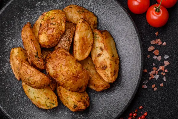 Baharatlı, sarımsaklı ve biberiyeli patates dilimleri. Tasarımınız için yemek arkaplanı olarak patates dilimleri