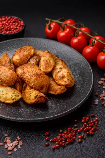 Baharatlı, sarımsaklı ve biberiyeli patates dilimleri. Tasarımınız için yemek arkaplanı olarak patates dilimleri