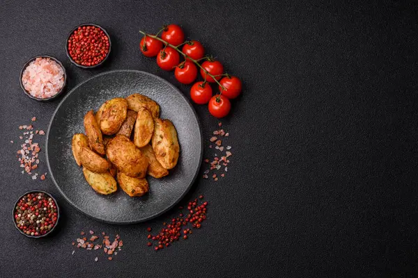 Baharatlı, sarımsaklı ve biberiyeli patates dilimleri. Tasarımınız için yemek arkaplanı olarak patates dilimleri