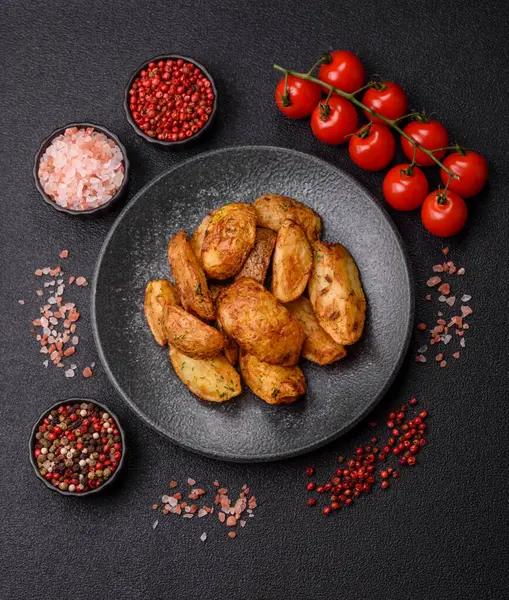 Baharatlı, sarımsaklı ve biberiyeli patates dilimleri. Tasarımınız için yemek arkaplanı olarak patates dilimleri