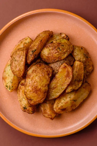 Baharatlı, sarımsaklı ve biberiyeli patates dilimleri. Tasarımınız için yemek arkaplanı olarak patates dilimleri