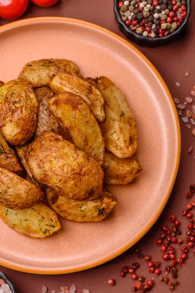 Baharatlı, sarımsaklı ve biberiyeli patates dilimleri. Tasarımınız için yemek arkaplanı olarak patates dilimleri