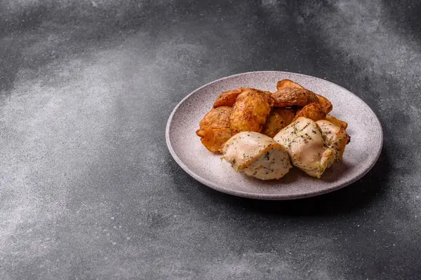 Baharatlı, sarımsaklı ve biberiyeli patates dilimleri. Tasarımınız için yemek arkaplanı olarak patates dilimleri