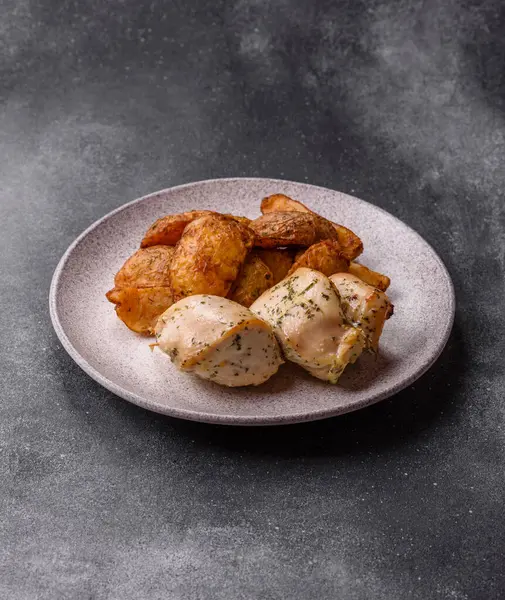 Baharatlı, sarımsaklı ve biberiyeli patates dilimleri. Tasarımınız için yemek arkaplanı olarak patates dilimleri