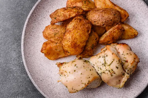 Baharatlı, sarımsaklı ve biberiyeli patates dilimleri. Tasarımınız için yemek arkaplanı olarak patates dilimleri