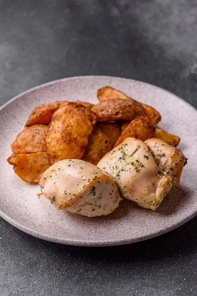 Baharatlı, sarımsaklı ve biberiyeli patates dilimleri. Tasarımınız için yemek arkaplanı olarak patates dilimleri