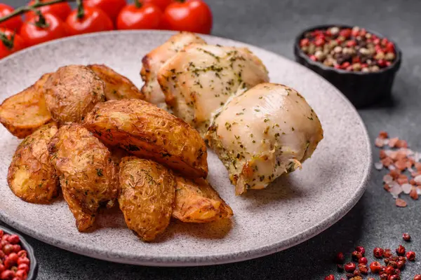 Baharatlı, sarımsaklı ve biberiyeli patates dilimleri. Tasarımınız için yemek arkaplanı olarak patates dilimleri