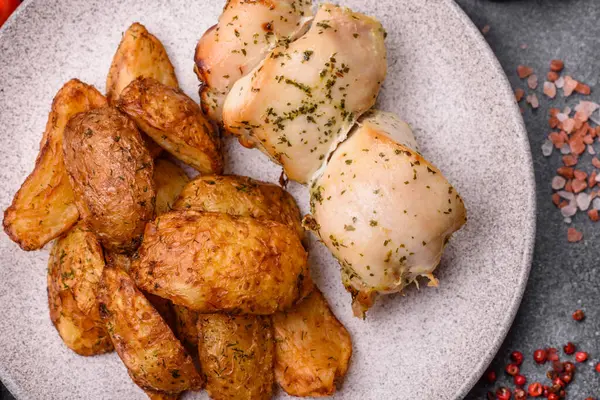 Baharatlı, sarımsaklı ve biberiyeli patates dilimleri. Tasarımınız için yemek arkaplanı olarak patates dilimleri