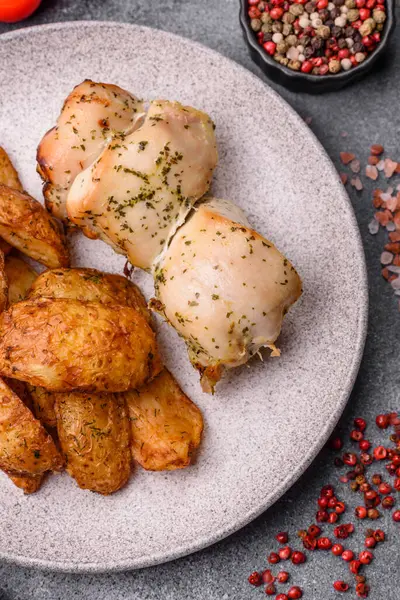 Baharatlı, sarımsaklı ve biberiyeli patates dilimleri. Tasarımınız için yemek arkaplanı olarak patates dilimleri