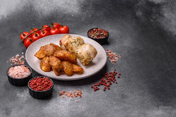 Baharatlı, sarımsaklı ve biberiyeli patates dilimleri. Tasarımınız için yemek arkaplanı olarak patates dilimleri