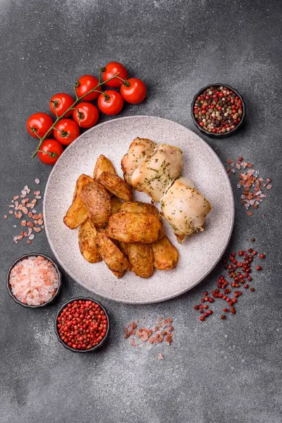 Baharatlı, sarımsaklı ve biberiyeli patates dilimleri. Tasarımınız için yemek arkaplanı olarak patates dilimleri