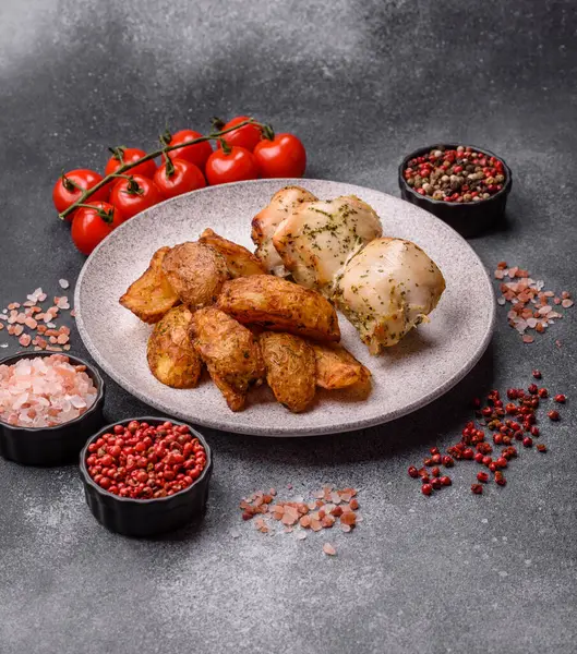 Baharatlı, sarımsaklı ve biberiyeli patates dilimleri. Tasarımınız için yemek arkaplanı olarak patates dilimleri