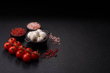 Mozzarella peynirli toplar, Akdeniz yemekleri için taze beyaz dilimler. Tasarımın için arka plan olarak Mozzarella peyniri