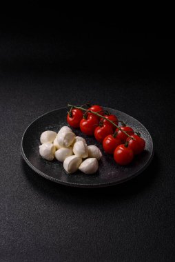 Mozzarella peynirli toplar, Akdeniz yemekleri için taze beyaz dilimler. Tasarımın için arka plan olarak Mozzarella peyniri