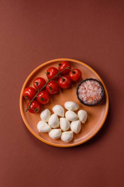 Mozzarella peynirli toplar, Akdeniz yemekleri için taze beyaz dilimler. Tasarımın için arka plan olarak Mozzarella peyniri