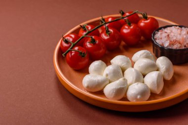 Mozzarella peynirli toplar, Akdeniz yemekleri için taze beyaz dilimler. Tasarımın için arka plan olarak Mozzarella peyniri