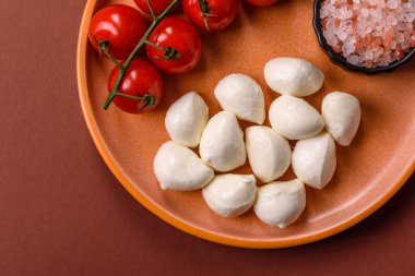 Mozzarella peynirli toplar, Akdeniz yemekleri için taze beyaz dilimler. Tasarımın için arka plan olarak Mozzarella peyniri