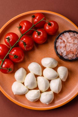 Mozzarella peynirli toplar, Akdeniz yemekleri için taze beyaz dilimler. Tasarımın için arka plan olarak Mozzarella peyniri