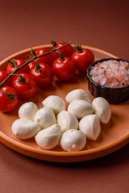Mozzarella peynirli toplar, Akdeniz yemekleri için taze beyaz dilimler. Tasarımın için arka plan olarak Mozzarella peyniri