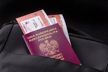 Polonya pasaportu, seyahat vizesi, seyahat çantasında biletleri olan belgeler. Tasarımınız için Polonya pasaportu