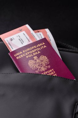 Polonya pasaportu, seyahat vizesi, seyahat çantasında biletleri olan belgeler. Tasarımınız için Polonya pasaportu