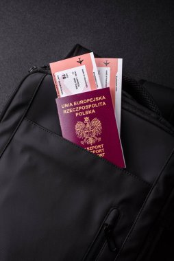 Polonya pasaportu, seyahat vizesi, seyahat çantasında biletleri olan belgeler. Tasarımınız için Polonya pasaportu