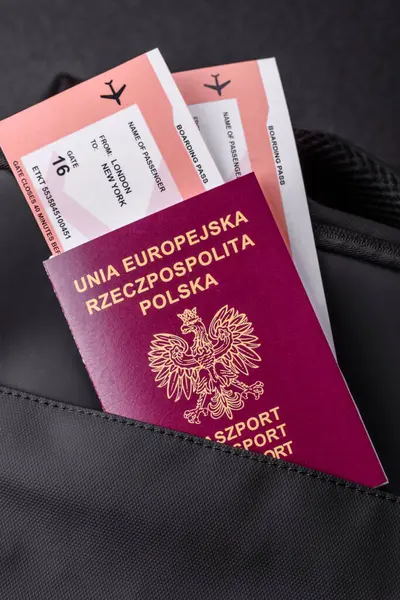 Polonya pasaportu, seyahat vizesi, seyahat çantasında biletleri olan belgeler. Tasarımınız için Polonya pasaportu