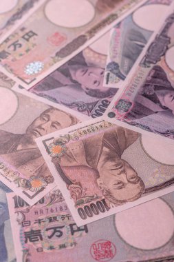 Japonya, Japon yeni kağıt banknotlar, iş için para, finansal işlemler ve anlaşmalar. Tasarımınız için finansal bir arkaplan olarak Japonca yen.