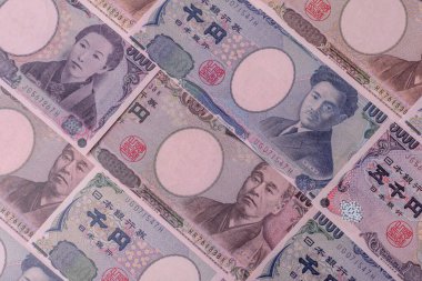 Japonya, Japon yeni kağıt banknotlar, iş için para, finansal işlemler ve anlaşmalar. Tasarımınız için finansal bir arkaplan olarak Japonca yen.