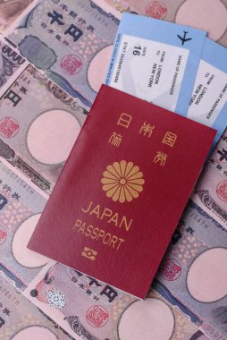 Japanese passport or id document with tickets for flight, travel, border crossing. Japan passport and tickets as a background for your design