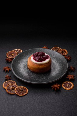 Cinnamon roll, a sweet bun with citrus, cherries, and chocolate, a Danish dessert with cream. Cinnamon roll as a food background for your design