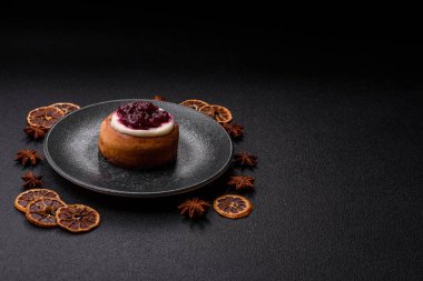 Cinnamon roll, a sweet bun with citrus, cherries, and chocolate, a Danish dessert with cream. Cinnamon roll as a food background for your design