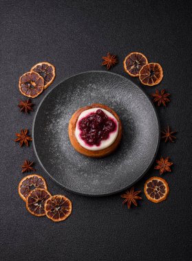 Cinnamon roll, a sweet bun with citrus, cherries, and chocolate, a Danish dessert with cream. Cinnamon roll as a food background for your design