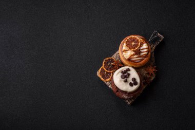 Cinnamon roll, a sweet bun with citrus, cherries, and chocolate, a Danish dessert with cream. Cinnamon roll as a food background for your design