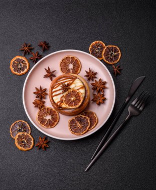 Cinnamon roll, a sweet bun with citrus, cherries, and chocolate, a Danish dessert with cream. Cinnamon roll as a food background for your design